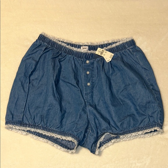 Blue Denim Printed PJ Shorts with White Lace Trim - Picture 1 of 4